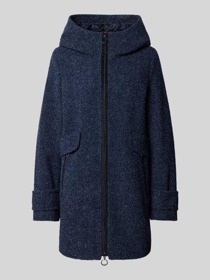 Produktfoto, Mantel mit Kapuze von GIL BRET in Melange-Optik, strukturierte Bouclé-Oberfläche, Longline-Form, blaue Farbe, Ziernähte, Teilungsnähte, Reißverschluss, Pattentaschen und Reißverschlusstaschen.
