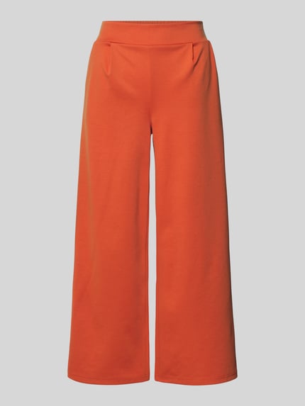 Produktfoto, Wide Fit Spodnie materiałowe z dodatkiem wiskozy Model 'Kate' od ICHI, elastyczna mieszanka materiałów, krój wide fit, kieszeń z tyłu, zakładki w pasie, elastyczny pas, szerokość w pasie S: 37 cm, długość wewnętrzna nogawki S: 64 cm, intensywny pomarańczowy, gładka tekstura