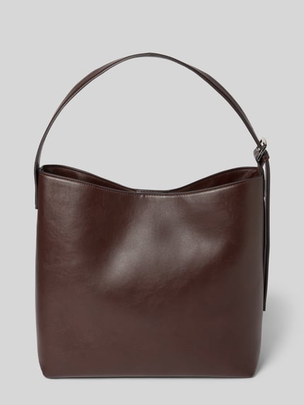 Produktfoto, Handtasche in Leder-Optik von MANGO in Dunkelbraun, glatte Oberfläche, verstellbarer Schulterriemen, Magnetverschluss, Hauptfach sowie Innentasche mit Reißverschluss, Maße: Breite 38 cm, Länge 31 cm, Tiefe 41 cm, Schulterriemen 81 cm.