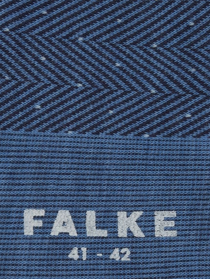 Produktfoto, Socken mit Label-Print von Falke im Schurwoll-Mix, körpernaher Schnitt, gerippter Abschluss, blauer Grund, Label-Print