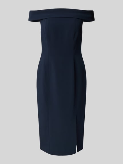 Produktfoto, Eng anliegendes Cocktailkleid mit Carmen-Ausschnitt Modell 'WOVEN-BODYCON-DRESSES' von Lauren Ralph Lauren, Optik: Unifarben, Passform: Eng anliegend, Länge: Knielang, Ausschnitt: Carmen-Ausschnitt, Trägerform: Spaghettiträger, glatte Textur, dunkelblau, dezenter Gehschlitz vorne.