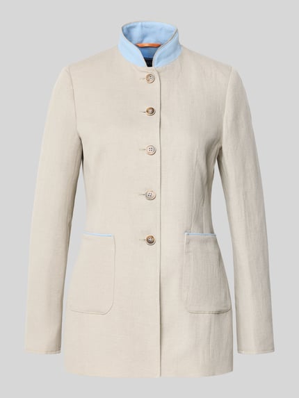 Produktfoto, Slim Fit Blazer aus Leinen-Baumwoll-Mix von WHITE LABEL in Beige mit Stehkragen, Knopfleiste, AufgesetzteTaschen, Rückenlänge 71 cm, Brustweite 44 cm, Ärmellänge 64 cm