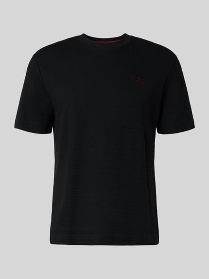 Produktfoto, T-shirt z mieszanki bawełny w kolorze czarnym, krój regular fit, okrągły dekolt, wyhaftowane logo, Model 'Austin' od HUGO, długość tyłu w rozmiarze M: 69 cm
