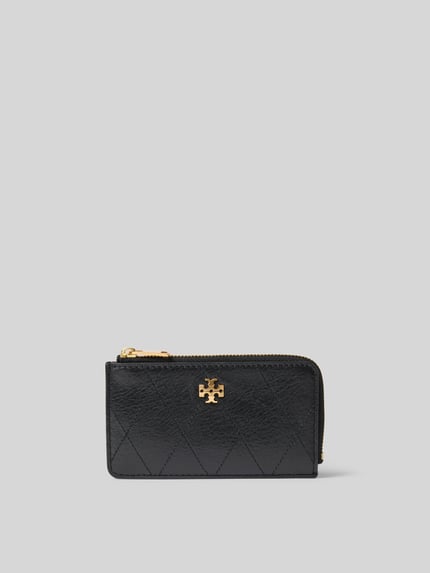 Productfoto, kaartetui uit echt leer van Tory Burch met slangenmotief, doorgestikte naden, muntvak en ritssluiting rondom, zwart, 13x7x2 cm