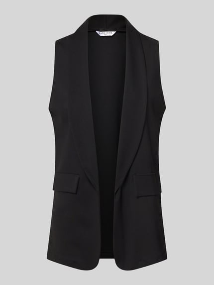 Produktfoto, czarna kamizelka z mieszanki wiskozy z dodatkiem streczu, szalowy kołnierz, kieszenie z patką, Model 'Am44br' od ZABAIONE, krój straight fit, długość tyłu w rozmiarze S: 70 cm, szerokość ramion w rozmiarze S: 33 cm, szerokość w rozmiarze S: 48 cm