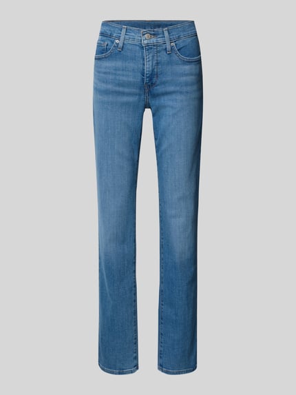Produktfoto, Straight Fit Jeans met label-patch model '314™ SHAPING STRAIGHT' van Levi's®, blauwe denim, 5-pocket, shaping effect, elastische katoenmix met viscose.