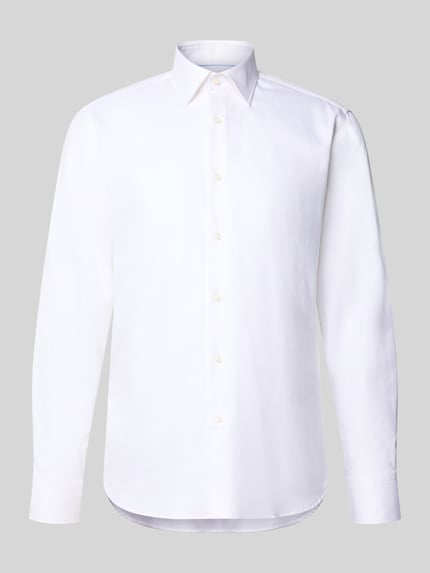 Produktfoto, Regular Fit Businesshemd mit feinem Strukturmuster von BOSS in Weiß, feines Webmuster, Twill, Kentkragen, Knöpfe, langarm