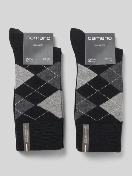 Produktfoto, Socken aus Baumwoll-Mix mit Logo-Stitching im 4er-Pack von camano, Heren sokken van katoenmix met logostitching, zwarte en grijze ruit, set van 4, elastische band