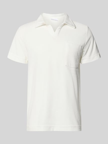 Productfoto, Relaxed Fit Poloshirt met V-hals van Lindbergh, katoenmix, frotté, borstzak, ruglengte maat M 76 cm, kleur wit