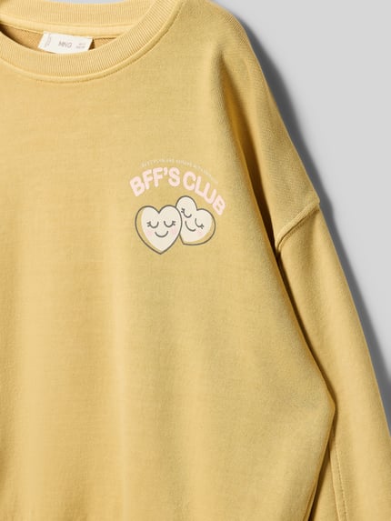 Produktfoto, Sweatshirt aus Baumwolle Modell 'WEEKEND' von Mango, lockerer Schnitt, gelb, Rundhalsausschnitt, elastische Abschlüsse, Kinderkleidung, glatte Baumwollstruktur