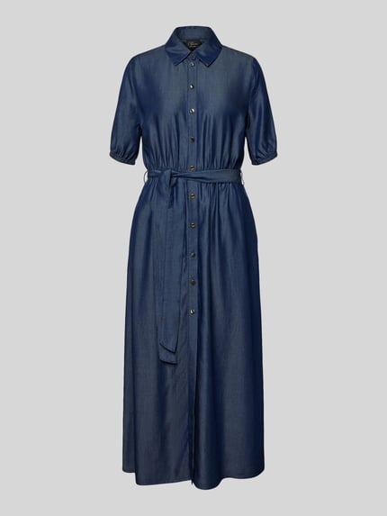 Produktfoto, Tailliertes Freizeitkleid aus reinem Lyocell von s.Oliver BLACK LABEL in denimlook, getailleerd, midi lengte, V-hals, tailleriem om te strikken, knoopsluiting, korte mouw, twill, zuiver viscose, effen donkerblauw, gladde textuur