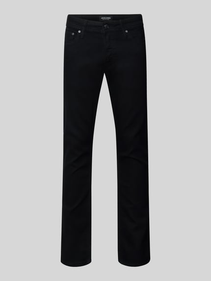 Productfoto, Stoffen broek met achterzakken Model 'GLENN' van Jack & Jones, katoenmix met stretch, recht model, zwarte kleur, duidelijke stofstructuur.