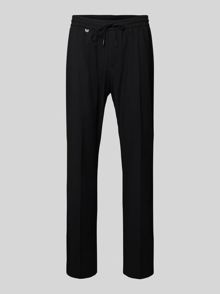 Produktfoto, schwarze Stoffhose mit elastischem Bund Modell 'NEIL' von Antony Morato, lockerer Schnitt, Tunnelzug, glatte Textur, frontal