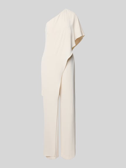 Produktfoto, Jumpsuit mit Cape Modell 'April' von Lauren Ralph Lauren in Creme, Gerader-Schnitt, One-Shoulder-Träger, glatte Oberfläche, Reißverschluss, Rückenlänge 50 cm, Brustweite 42 cm, Gesamtlänge 150 cm, Innenbeinlänge 85 cm, Größe 36.