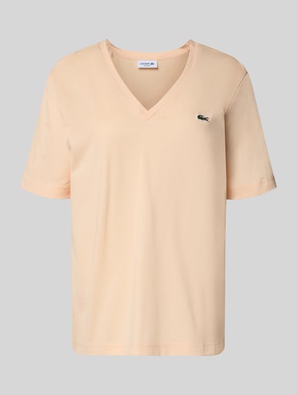 Produktfoto, Relaxed Fit T-Shirt aus reiner Baumwolle von Lacoste in Beige mit V-Ausschnitt, unifarben, Logo-Stitching, glatte Oberfläche