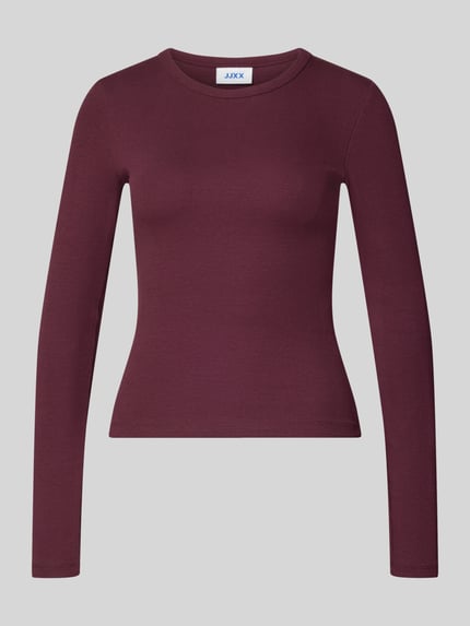 Produktfoto, Longsleeve in Ripp-Optik Modell 'FREYA' van JJXX, mix van katoen en elastaan, skinny fit, ronde hals, ruglengte maat S 50 cm, bordeaux, gladde riblook