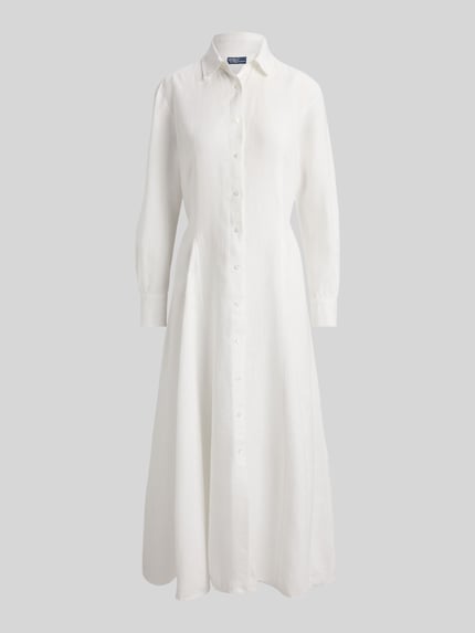 Polo Ralph Lauren Tailliertes Hemdblusenkleid aus reinem Leinen Weiss 2