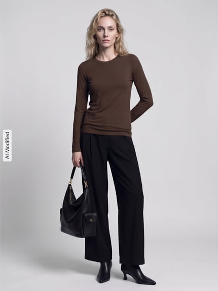Weekend Max Mara Regular Fit Langarmshirt aus Viskose-Mix Modell 'MULTIE' Dunkelbraun 1