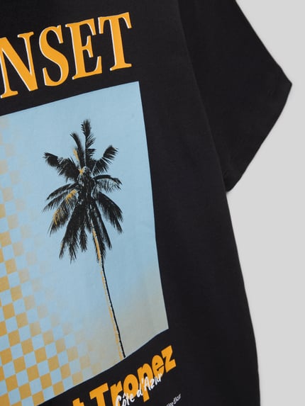 Productfoto, T-shirt met motiefprint model 'CITY' van Jack & Jones voor kinderen, puur katoen, regular fit, ronde hals, ruglengte maat 140: 53 cm, zwart met blauwe en gele details