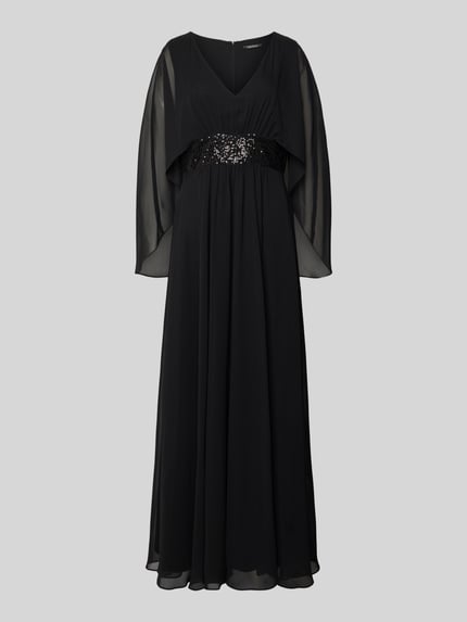 Produktfoto, Abendkleid mit V-Ausschnitt und Pailletten von Swing aus schwarzem Material-Mix mit Stretch, Maxi-Länge, taillierter Schnitt, Pailletten-Taillenband