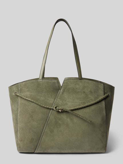 Productfoto, shopper uit echt rundleer van BOSS in olijfgroen met matte structuur en zichtbare nerven, Dames shopper van BOSS