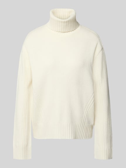 Produktfoto, Relaxed Fit Strickpullover aus reiner Wolle mit Rollkragen von Liu Jo White in Creme, gerippte Abschlüsse, Strassdetails, weiche Struktur