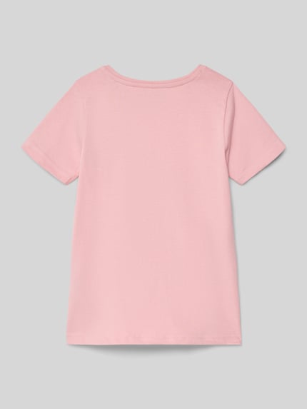 Produktfoto, T-Shirt mit Motiv-Print und Rundhalsausschnitt von Blue Seven aus reiner Baumwolle in Rosa, Regular Fit, glatte Oberfläche, Rückenlänge 41 cm bei Größe 116.