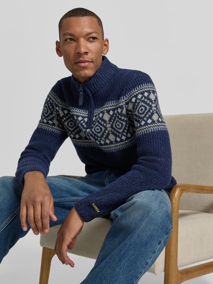 RAGMAN sweter z norweskim wzorem o kroju regular fit z kołnierzem zapinanym Granatowy 3