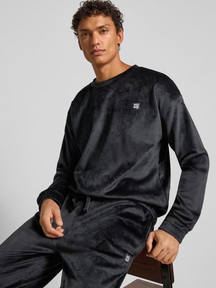 HUGO Bluza o kroju relaxed fit z aksamitnym prążkowaniem Czarny 3