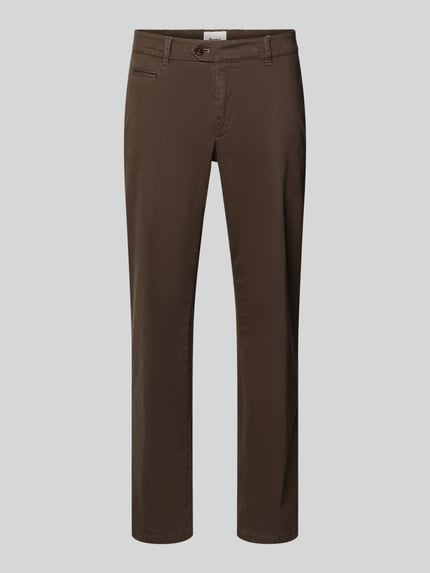 Produktfoto, brązowa Straight Fit Stoffhose mit Lyocell-Anteil Modell 'Everest' von Brax, elastyczna mieszanka bawełny, kieszenie z tyłu, kieszonka na monety, zapięcie na guzik i zamek, szerokość w rozmiarze 25: 48 cm, długość nogawki wewnętrznej w rozmiarze 25: 78 cm, gładka tekstura