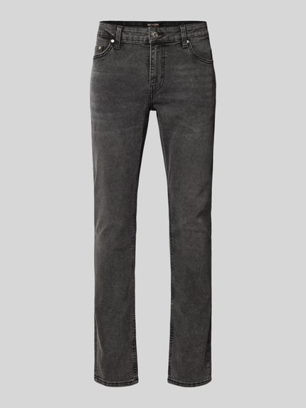 Produktfoto, Slim Fit Jeans aus Baumwoll-Mix Modell 'LOOM' von Only & Sons, denim w kolorze czarnym, 5 kieszeni, krój slim fit, gładka tekstura, aplikacje label, pasek, zapięcie na guzik i ukryty zamek, unikalny design, opis według kontekstu