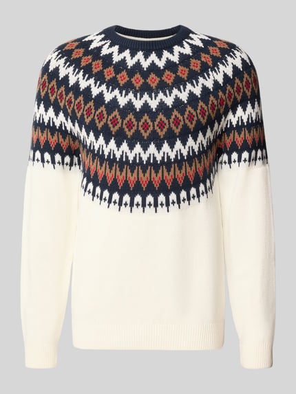 Produktfoto, Strickpullover mit Norweger-Muster und Rundhalsausschnitt von MCNEAL, bawełniana mieszanka, krój regular fit, wzór norweski, okrągły dekolt, długość tyłu w rozmiarze M 67 cm, długość rękawa w rozmiarze M 73 cm, kolor kremowy z granatowym i czerwonym wzorem