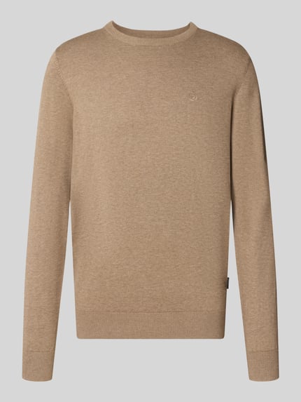 Produktfoto, Relaxed Fit Strickpullover aus reiner Baumwolle van bugatti voor Heren in lichtbruin met ribboorden, ronde hals, puur katoen
