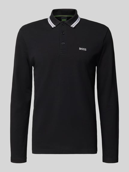 Produktfoto, Regular Fit Poloshirt aus reiner Baumwolle Modell 'PLISY' von BOSS Green, Optik: Unifarben, Label-Stickereien, Polokragen, Henley-Ausschnitt, einreihige Knopfleiste, Langarm, Piqué-Struktur, Farbe: Schwarz