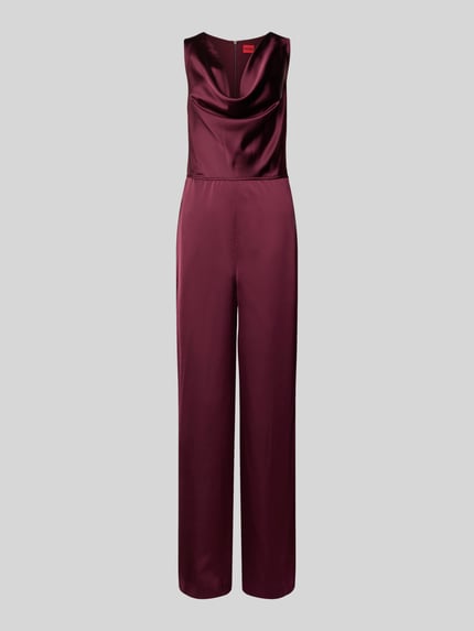 Produktfoto, bordowy, jednolity taillierter Jumpsuit aus Satin Modell 'KIMARI-1' von HUGO, wykończenie satynowe, kokarda, dekolt woda, kryty suwak