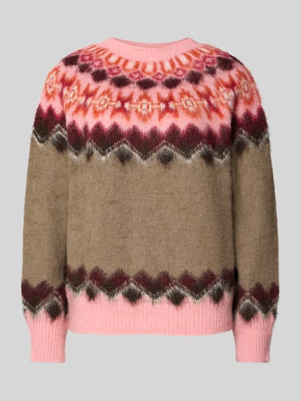 Produktfoto, Strickpullover mit Norweger-Muster und Rundhalsausschnitt von Oui in Rosa, Braun und Rot, Material-Mix mit Alpaka-Anteil, Regular Fit