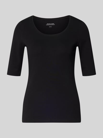 Produktfoto, zwart dames T-shirt met stretch, nauwsluitende pasvorm, U-hals, halflange mouwen, Model 'Serta' van Opus, mix van katoen en elastaan