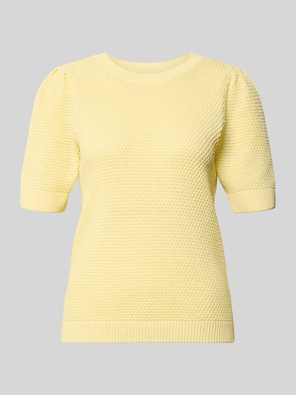 Produktfoto, Slim Fit T-Shirt in Strick-Optik Modell 'Vidalo' von Vila aus reiner Baumwolle in zartem Gelb, Rundhalsausschnitt, strukturierte Oberfläche