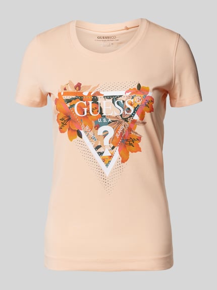 GUESS T-Shirt mit Label- und Motiv-Print Modell 'TROPICAL TRIANGLE' Apricot 2