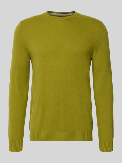 Produktfoto, Kaschmirpullover mit gerippten Abschlüssen von Christian Berg Men in Gelbgrün mit geradem Schnitt und Rundhalsausschnitt, reine Kaschmir-Textur