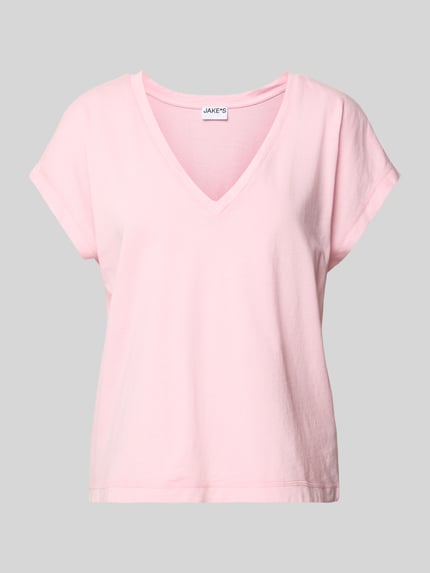 Jake*s Casual T-Shirt mit geripptem V-Ausschnitt Fuchsia 2