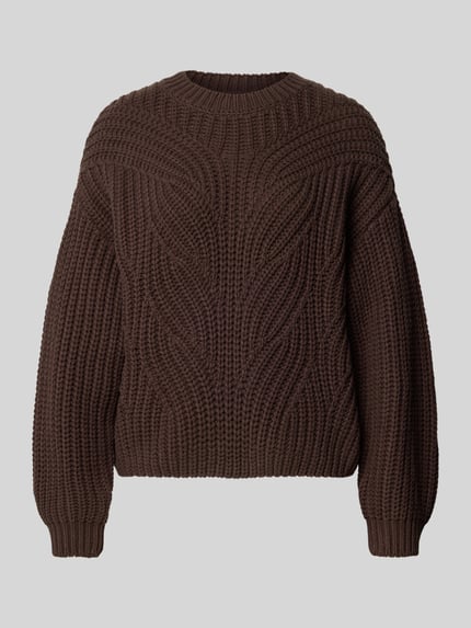 Produktfoto, Relaxed Fit Strickpullover aus Baumwoll-Mix von Apricot in Dunkelbraun, Rundhalsausschnitt, grober Rippstrick, Damen Strickpullover