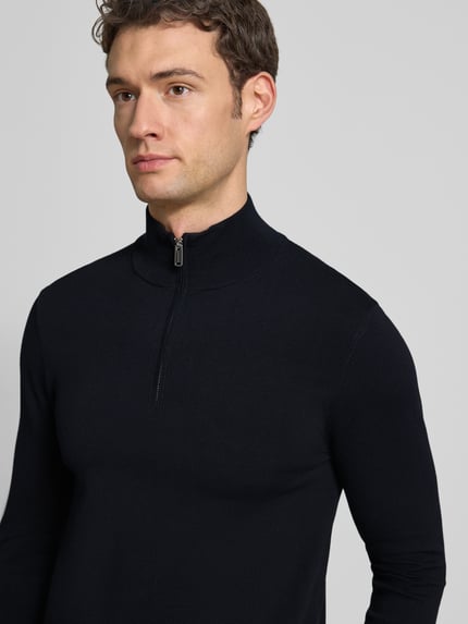 Profuomo Slim fit gebreide pullover met zijdegehalte en ritssluiting Marineblauw - 3