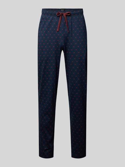 Produktfoto, Sweatpants mit elastischem Bund von Schiesser in Dunkelblau mit kleinem Muster, Reine Baumwolle, Lockerer-Schnitt, Tunnelzug, Französische Eingrifftaschen, Innenbeinlänge 79 cm bei Größe 50