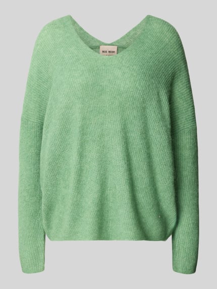 Produktfoto, Strickpullover mit V-Ausschnitt Modell 'THORA' von MOS MOSH, miękki zielony splot, mieszanka wełny z alpaką, krój relaxed fit, damski