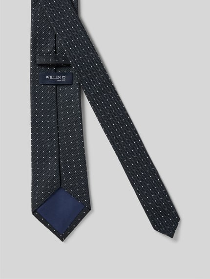 Produktfoto, Krawatte met label-detail van Willen in klassieke pasvorm, pure zijde, donkerblauw met kleine stippen, 8 cm breed.