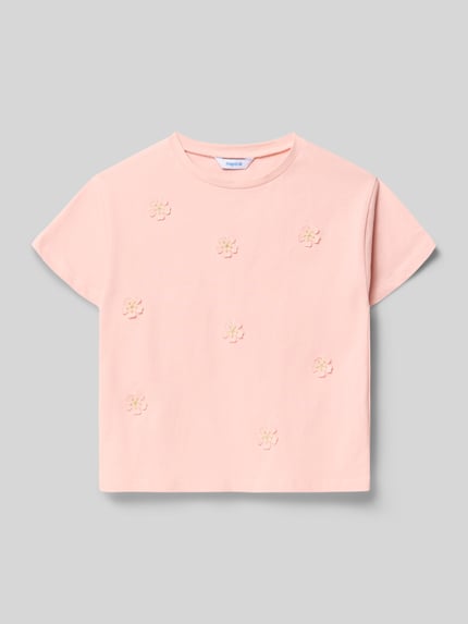 Produktfoto, Kinder T-Shirt aus reiner Baumwolle von Mayoral in zartem Rosa mit floralen Applikationen aus Effektgarn, Gerade Passform, Rundhalsausschnitt, Kurzärmelig, Rückenlänge bei Größe 116: 37 cm.
