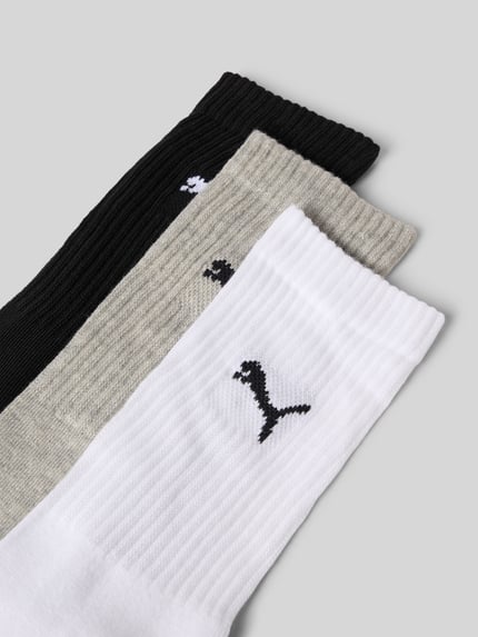 Produktfoto, Tennissokken met logo in set van 3 van PUMA, dames, katoenmix met stretch, nauwsluitend, zwart, grijs, wit, logodetail.
