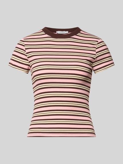 Produktfoto, damski t-shirt Slim Fit T-Shirt mit Rundhalsausschnitt Modell 'Sally' von Topshop z elastycznej mieszanki bawełny, krój slim fit, okrągły dekolt, fakturowany wzór, długość tyłu w rozmiarze S: 52 cm, różowe i brązowe paski