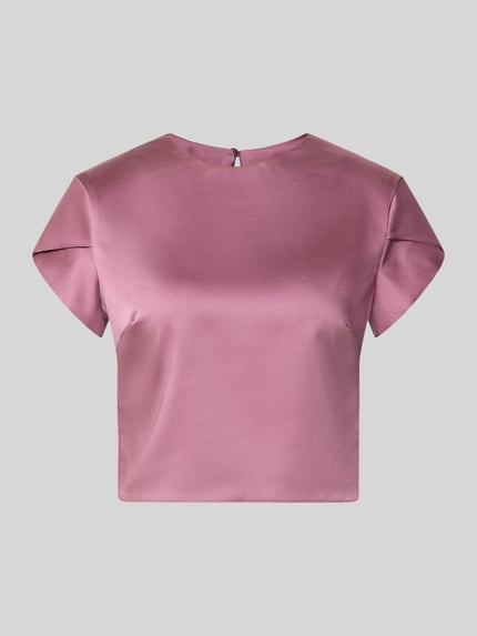 Produktfoto, Bluse aus Satin von Rinascimento in Rosa, kurze Ärmel, Rundhalsausschnitt, Material-Mix mit Stretch, Rückseite mit Knopfverschluss